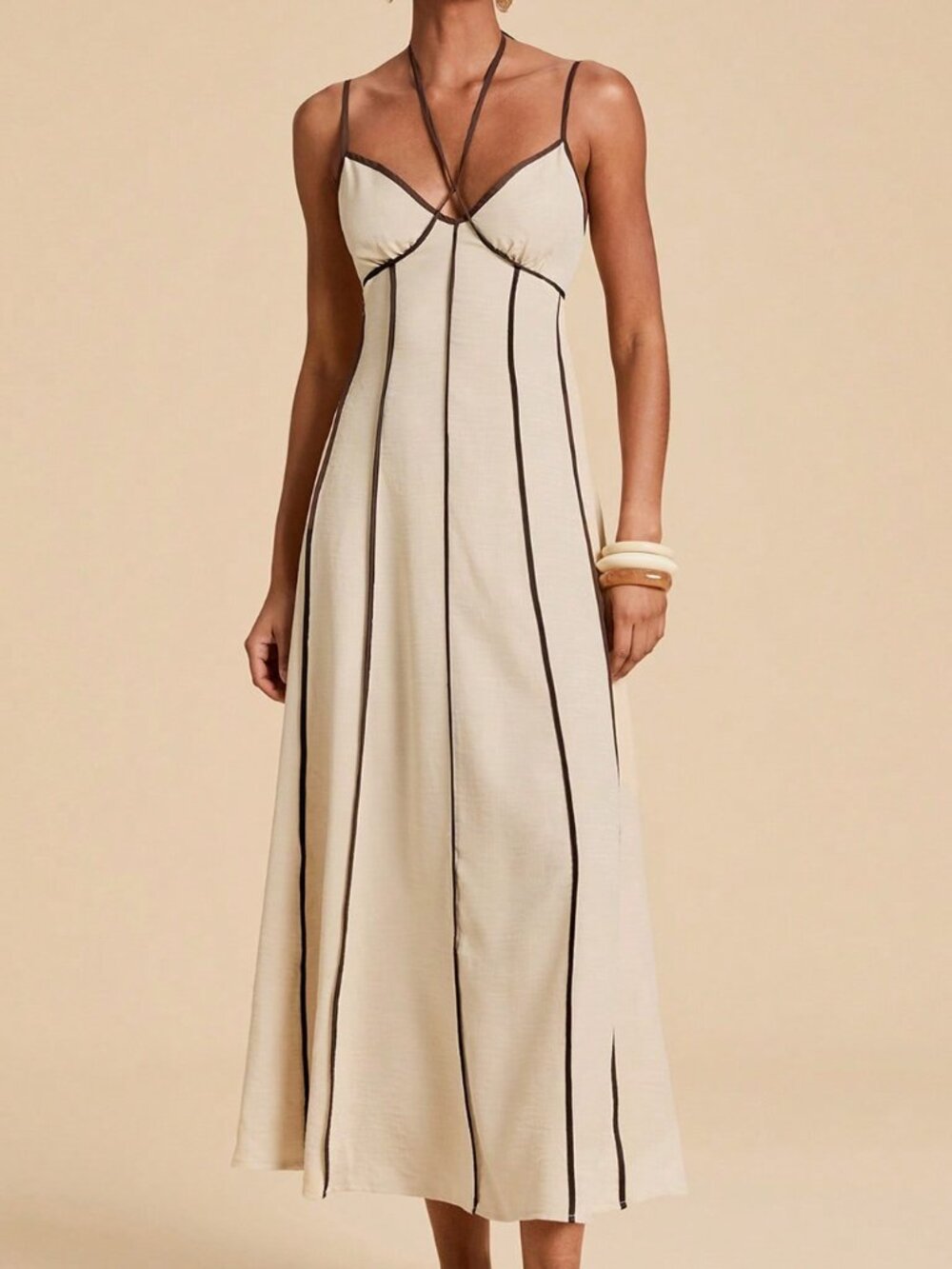 Apricot Elegant Women's Contrast Trim Backless Camisole Dress - Picture 6 of 8